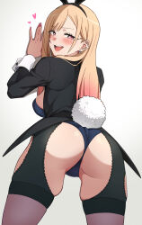 1girl :d absurdres animal_ear_hairband animal_ears animanghayo ass ass_focus barbell_piercing black_jacket blonde_hair blush fake_animal_ears fake_tail from_behind gradient_hair hairband highres jacket kitagawa_marin leotard long_hair looking_back multicolored_hair open_mouth piercing pink_hair playboy_bunny rabbit_ear_hairband rabbit_ears rabbit_tail red_eyes simple_background skindentation smile solo sono_bisque_doll_wa_koi_wo_suru tail thighs very_long_hair white_background