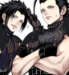 absurdres armor black_gloves black_hair black_shirt blue_shirt closed_mouth commentary_request crisis_core_final_fantasy_vii crossed_arms curtained_hair dual_persona earrings facial_scar final_fantasy final_fantasy_vii gloves highres jewelry looking_at_viewer male_focus musical_note parted_lips pauldrons piercing scar scar_on_cheek scar_on_face shakunage1 shirt shoulder_armor sideburns simple_background sleeveless sleeveless_shirt smile stud_earrings suspenders teeth turtleneck twitter_username upper_body white_background widow&#039;s_peak zack_fair