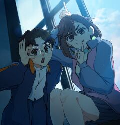 Rule 34 | 1boy, 1girl, adjusting eyewear, ayase momo, bare legs, black choker, black hair, blue sky, brown eyes, brown hair, choker, closed mouth, cloud, cloudy sky, commentary request, dandadan, earrings, feet out of frame, floating hair, glasses, hair between eyes, highres, index finger raised, jacket, jewelry, leaning forward, long sleeves, looking at viewer, miniskirt, open clothes, open jacket, open mouth, pleated skirt, round eyewear, rs roughshunt, shirt, short hair, sitting, skirt, sky, smile, takakura ken (dandadan), track jacket, white shirt, window
