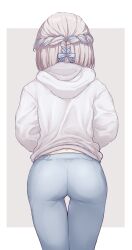 1girl absurdres ass blonde_hair blue_bow blue_pants bow braid crown_braid from_behind gakuen_idolmaster grey_hoodie hair_bow highres hood hoodie idolmaster katsuragi_lilja lee_mae_hyang medium_hair pants solo thigh_gap tight_clothes tight_pants