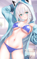 Rule 34 | 1girl, :3, absurdres, ahoge, animal ear fluff, animal ears, bikini, blue bikini, blue jacket, blush, braid, breasts, closed mouth, crossed bangs, fox ears, fox girl, green eyes, highres, hololive, hood, hood up, jacket, long hair, looking at viewer, navel, shirakami fubuki, sidelocks, single braid, smile, solo, stomach, swimsuit, wakaunderblade7, white hair
