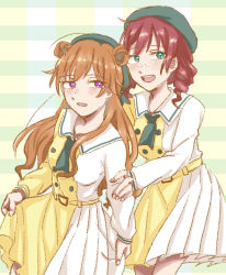 2girls alternate_hairstyle aqua_eyes artist_name artist_request asymmetrical_sleeves belt beret blouse blue_eyes blush braid breasts brown_hair buttons collarbone collared_shirt curly_hair double_bun dress dress_shirt drill_hair emma_verde female_focus freckles green_hat green_legwear green_necktie hair_between_eyes hair_bun hair_over_shoulder hand_on_arm hat highres holding holding_arms holding_unworn_clothes konoe_kanata layered_skirt long_hair long_sleeves looking_at_viewer love_live! love_live!_nijigasaki_high_school_idol_club love_live!_school_idol_festival miniskirt mirai_harmony mismatched_sleeves multiple_girls necktie parted_lips plaid_clothes plaid_skirt pleated pleated_skirt purple_eyes red_hair sailor_collar shirt skirt small_breasts smile striped_background twin_braids twin_drills twintails white_sailor_collar white_skirt wing_collar yellow_belt yellow_shirt yellow_skirt