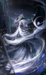 Rule 34 | 1girl, absurdly long hair, artist request, bead bracelet, beads, black dress, black ribbon, black skin, bracelet, circlet, city, closed mouth, colored skin, cyberspace, dress, expressionless, feet out of frame, from side, game cg, glow (shining nikki), gown, hair ribbon, halo, highres, jewelry, light particles, long dress, long hair, nebula, night, nikki (series), official art, petals, pleated dress, ribbon, shining nikki, solo, star beyond galaxy (shining nikki), very long hair, white eyes, white hair