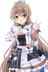 absurdres bow bow_skirt brown_eyes brown_hair food-themed_hair_ornament frilled_shirt frilled_straps frills hair_ornament halter_shirt halterneck hands_on_own_breasts highres hololive hololive_english hololive_fantasy hololive_idol_uniform_(origin) idol idol_clothes koyuki_(azumaya999) layered_skirt long_hair looking_at_viewer nanashi_mumei official_alternate_costume open_mouth reaching reaching_towards_viewer shirt skirt virtual_youtuber white_background white_bow white_skirt wrist_cuffs