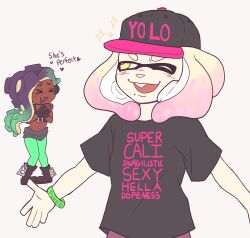 &gt;_&lt; 2girls alternate_costume baseball_cap black_gloves black_hair black_hat black_shirt bracelet closed_eyes clothes_writing commentary dark-skinned_female dark_skin english_commentary english_text fang fingerless_gloves gloves gradient_hair green_hair green_pantyhose hat heart highres inkling jewelry marina_(off_the_hook_outfit)_(splatoon) marina_(splatoon) medium_hair midriff mole mole_under_mouth multicolored_hair multiple_girls navel_piercing nintendo octoling one_eye_closed open_mouth pantyhose pearl_(splatoon) piercing pink_hair shirt short_sleeves simple_background smile splatoon_(series) splatoon_2 standing t-shirt tentacle_hair toonyliv white_background white_hair yellow_eyes yuri