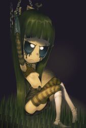 1girl angry animal_hair_ornament bat_hair_ornament belt black_belt black_gloves black_sclera black_shirt black_skirt blush boots breasts breasts_out brick_wall chain clothes_lift colored_sclera colored_skin conoghi dungeon fingerless_gloves gloves goth_fashion green_hair green_skin green_thighhighs hair_ornament handcuffed knee_boots long_hair makeup morose_(ruby_gloom) nipples no_panties pussy ruby_gloom runny_makeup shirt shirt_lift sitting skirt sleeveless sleeveless_shirt small_breasts spikes striped_clothes striped_gloves striped_thighhighs thighhighs white_boots white_eyes
