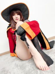 Rule 34 | 1girl, absurdres, ass, asymmetrical legwear, barefoot, black cape, black gloves, black hat, black panties, black thighhighs, brown hair, cape, cosplay, cosplay photo, dress, fingerless gloves, foot focus, gloves, hat, highres, holding, holding unworn clothes, holding panties, holding underwear, holding unworn clothes, indoors, kono subarashii sekai ni shukufuku wo!, legs folded, lips, long hair, long sleeves, looking at viewer, looking down, megumin, megumin (cosplay), mismatched legwear, on floor, orange trim, panties, partially visible vulva, photo (medium), red dress, red eyes, rug, single thighhigh, sitting, smile, solo, stelarhoshi, thighhighs, toes, underwear, wall, witch hat