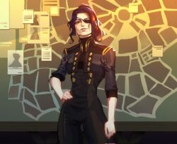 1girl arcane:_league_of_legends black_bodysuit black_hair bodysuit caitlyn_(league_of_legends) colored_eyepatch cropped_jacket eyepatch hand_on_own_hip highres jacket league_of_legends lomka7751 long_sleeves looking_at_viewer open_clothes open_jacket parted_bangs ponytail purple_hair smile solo