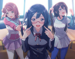 3girls black_hair blue_eyes blue_legwear blush brown_hair bunching_hair clenched_hand commentary embarrassed glasses grey_eyes hair_bun imitating long_hair looking_at_viewer love_live! love_live!_nijigasaki_high_school_idol_club medium_hair multiple_girls nakagawa_nana nijigasaki_school_uniform one_side_up orange_hair osaka_shizuku pantyhose pointing pointing_at_another pointing_at_self red-framed_eyewear school_uniform semi-rimless_eyewear shamakho side_bun sidelocks single_side_bun smile sweat table uehara_ayumu under-rim_eyewear upper_body white_legwear window yellow_eyes yuki_setsuna yuki_setsuna_(love_live!)