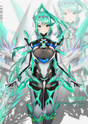 absurdres breasts chest_jewel core_crystal_(xenoblade) cosplay earrings gem greek_text green_eyes green_hair headpiece high_ponytail highres jewelry large_breasts long_hair midorimae neon_trim pneuma_(xenoblade) pneuma_(xenoblade)_(cosplay) ponytail swept_bangs tiara very_long_hair xenoblade_chronicles_(series) xenoblade_chronicles_2
