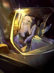 2girls animal_ears ara_200117 arknights bare_arms black_hair black_pants car_interior clothes_lift commentary hand_on_another&#039;s_shoulder hand_on_another&#039;s_thigh highres kiss lappland_(arknights) long_hair multiple_girls night pants rain shirt shirt_lift side-view_mirror sitting sitting_on_lap sitting_on_person sleeveless sleeveless_shirt symbol-only_commentary tail texas_(arknights) white_hair white_shirt wolf_ears wolf_girl wolf_tail yuri