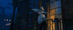 1girl balcony building commentary_request dust_girl glass_door hat highres korean_commentary night night_sky open_door original railing scenery sky wide_brim window witch_hat