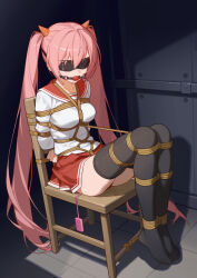 1girl absurdres ball_gag bdsm black_blindfold black_thighhighs blindfold bondage bound bound_arms bound_legs breasts crotch_rope egg_vibrator gag gagged hidan_no_aria highres horns kanzaki_h._aria long_hair looking_to_the_side mirrorya on_chair pink_hair pleated_skirt red_eyes red_skirt restrained sailor sailor_collar school_uniform sex_toy shibari skirt small_breasts thighhighs twintails very_long_hair vibrator zettai_ryouiki