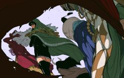 2girls 3boys artist_name beads blueno boots cape checkered_clothes cp9 disguise dress from_behind highres hood kaku_(one_piece) kalifa_(one_piece) looking_at_viewer looking_back mask multiple_boys multiple_girls nico_robin nico_robin_(water_7) one_piece rob_lucci short_dress solo_focus sutaneko thigh_boots thighhighs walking_away white_background