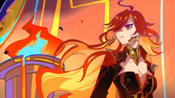 1girl ahoge black_bodysuit blonde_hair bodysuit breasts cleavage colored_inner_hair earrings fire genshin_impact hair_over_one_eye highres jewelry large_breasts long_hair mavuika_(genshin_impact) multicolored_hair nakura_hakuto red_eyes red_hair solo swept_bangs symbol-shaped_pupils two-tone_hair upper_body very_long_hair