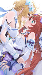 2girls aqua_eyes arm_guards black_gloves blonde_hair blush breasts detached_sleeves dress dress_flower flower genshin_impact gloves hair_flower hair_ornament highres kitahara_tomoe_(kitahara_koubou) long_hair long_sleeves looking_at_another lumine_(genshin_impact) multiple_girls nilou_(breeze_of_sabaa)_(genshin_impact) nilou_(genshin_impact) official_alternate_costume parted_lips partially_fingerless_gloves purple_flower red_hair short_hair_with_long_locks signature simple_background sweat white_background white_dress white_flower yellow_eyes