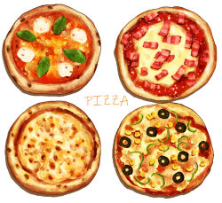 basil_leaf bread cheese food food_focus green_pepper highres kaneko_ryou margherita_pizza no_humans original pizza sauce simple_background still_life tomato_sauce white_background