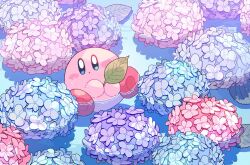 Rule 34 | 1boy, :o, blue eyes, blue flower, blush stickers, bright pupils, day, flower, full body, hands up, holding, holding leaf, hoshikuzu pan, hydrangea, kirby, kirby (series), leaf, nintendo, no humans, no nose, outdoors, parted lips, partially submerged, pink flower, purple flower, sitting, solo, water, white pupils
