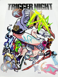 1girl absurdres ass bad_anatomy bikini breasts cleavage gun highres kill_la_kill luluco medium_breasts navel panty_&amp;_stocking_with_garterbelt promare studio_trigger swimsuit sword tengen_toppa_gurren_lagann trigger-chan uchuu_patrol_luluco weapon