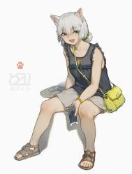1girl animal_ear_fluff animal_ears bag brown_sandals cat_ears cat_girl cellphone chinese_commentary collarbone dated double_bun fangs frilled_shirt frills full_body hair_bun hair_tie hand_fan handbag highres holding holding_phone looking_at_viewer open_mouth original paw_print phone sandals shadow shirt shorts shoulder_strap sitting sleeveless sleeveless_shirt slit_pupils smartphone solo teeth thick_eyebrows white_background white_hair wristband youzu_(youzuyozu)