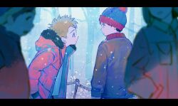 4boys back black_border black_eyes black_hair blonde_hair blue_eyes blue_hat blue_sky blurry blurry_foreground border branch breast_pocket brown_hair brown_jacket closed_mouth collared_jacket cuf_nayl day eric_cartman fur-trimmed_hood fur_trim gradient_sky green_hat hand_in_pocket hat highres hood hooded_jacket jacket kenny_mccormick kyle_broflovski long_sleeves looking_at_another looking_at_viewer male_focus multiple_boys open_clothes open_jacket open_mouth orange_jacket outdoors pocket puffy_long_sleeves puffy_sleeves red_jacket shirt short_hair sky snowing south_park stan_marsh teeth tree white_shirt white_sky winter