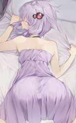 Rule 34 | 1girl, ass, bare arms, bare shoulders, bed, bed sheet, blush, closed mouth, commentary request, dress, from behind, hair ornament, highres, kanzen bouon, long hair, looking at another, looking at viewer, on bed, pantylines, pillow, purple dress, purple eyes, purple hair, sheet grab, solo, top-down bottom-up, vocaloid, voiceroid, yuzuki yukari