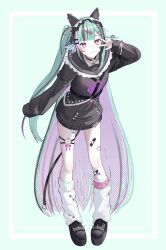 Rule 34 | 1girl, aqua background, aqua hair, bandaid, bandaid on leg, black hair, blush, chest harness, choker, colored inner hair, earrings, finana ryugu, finana ryugu (jirai kei), fins, fish skeleton, full body, harness, head fins, highres, jewelry, kyouhanemasu, long hair, long sleeves, looking at viewer, loose socks, maid headdress, multicolored hair, nijisanji, nijisanji en, o-ring, o-ring choker, pink hair, purple eyes, scales, single sleeve past fingers, sleeves past wrists, smile, socks, solo, streaked hair, thigh strap, very long hair, virtual youtuber, w