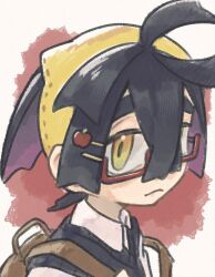 1boy alternate_costume antenna_hair backpack bag bespectacled black_hair black_sweater_vest brown_eyes closed_mouth collared_shirt colored_inner_hair glasses kieran_(pokemon) looking_at_viewer male_focus mtitp54 multicolored_hair nintendo pokemon pokemon_sv purple_hair rectangular_eyewear red-framed_eyewear semi-rimless_eyewear shirt short_hair solo sweater_vest under-rim_eyewear upper_body white_shirt