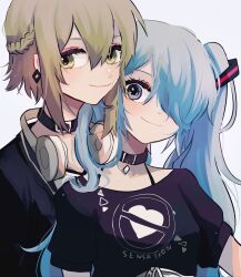 2girls alternate_bangs aqua_eyes aqua_hair bandaid bandaid_on_cheek bandaid_on_face black_collar black_shirt bra_strap braid closed_mouth collar earrings french_braid gomiyama green_eyes green_hair gumi hair_between_eyes hair_over_one_eye hatsune_miku headphones headphones_around_neck highres jewelry long_hair looking_at_viewer multiple_girls shirt short_hair short_sleeves smile twintails upper_body vocaloid white_background