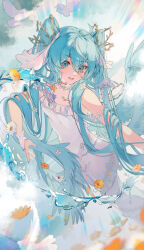 1girl :d absurdres aqua_eyes aqua_hair aqua_nails bird chinese_commentary choker commentary_request dress flower flower_choker frilled_dress frills hair_between_eyes hair_ornament hatsune_miku highres jewelry long_hair nail_polish off-shoulder_dress off_shoulder open_mouth pet petals ring smile solo twintails very_long_hair vocaloid water white_dress white_flower xuya2333 yellow_flower