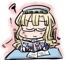 Rule 34 | 1girl, bespectacled, blonde hair, blue shirt, chair, cyama land, fletcher (kancolle), folded hair, glasses, headgear, kantai collection, long hair, lowres, manga (object), paper, reading, shirt, solo, squiggle, upper body