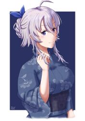 1girl absurdres alternate_costume blue_background blue_kimono blush braid braided_bun breasts floral_print floral_print_kimono grey_eyes grey_hair hair_bun highres japanese_clothes kantai_collection kimono large_breasts long_hair looking_at_viewer obi pp print_kimono sash single_hair_bun smile solo upper_body washington_(kancolle) white_background
