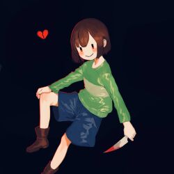 1other androgynous black_background blood bloody_knife blue_shorts blush boots broken_glass brown_boots brown_hair chara_(undertale) closed_mouth full_body glass green_shirt highres holding holding_knife kaerudouhu knife long_sleeves looking_at_viewer other_focus red_eyes shirt short_hair shorts simple_background smile solo striped_clothes striped_shirt undertale |_|