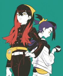 1boy 1girl black_jacket brother_and_sister carmine_(pokemon) closed_mouth crossed_bangs eyelashes fanny_pack green_background highres holding holding_poke_ball hood hood_down jacket kieran_(pokemon) long_sleeves mole mole_under_eye nintendo orange_eyes poke_ball pokemon pokemon_sv redlhzz siblings yellow_eyes
