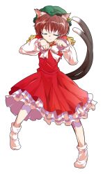 Rule 34 | 1girl, alphes (style), animal ear piercing, animal ears, bobby socks, bow, bowtie, brown hair, cat ears, cat girl, cat tail, chen, closed eyes, closed mouth, commentary request, crying, dairi, earrings, frills, full body, gold trim, green hat, hair between eyes, hands up, hat, jewelry, large variant set, long sleeves, mob cap, multiple tails, nail polish, nekomata, no shoes, parody, petticoat, pigeon-toed, puffy long sleeves, puffy sleeves, red nails, red skirt, red vest, short hair, single earring, skirt, skirt set, socks, solo, style parody, tachi-e, tail, tail raised, tears, touhou, transparent background, two tails, variant set, vest, white bow, white bowtie, white petticoat