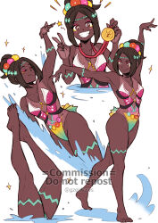 1girl arms_up commission dark_skin eyeshadow fire_emblem fire_emblem_engage gold_medal gzei hair_ornament highres legs legs_up makeup multicolored_swimsuit multiple_views nintendo one-piece_swimsuit partially_submerged pink_eyeshadow smile sparkling_eyes splashing swimming swimsuit synchronized_swimming timerra_(fire_emblem) v vgen_commission