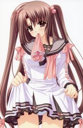 Rule 34 | 1girl, absurdres, brown eyes, brown hair, clothes lift, female focus, hair bobbles, hair ornament, highres, long hair, mouth hold, nishimata aoi, no legwear, oretachi ni tsubasa wa nai, panties, school uniform, serafuku, skirt, skirt lift, solo, striped clothes, striped panties, twintails, underwear, watarai asuka