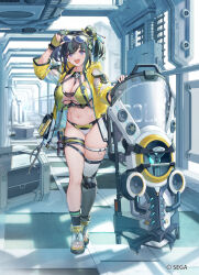 1girl bikini black_hair breasts chunithm eyewear_on_head fingerless_gloves gloves hair_ornament highres holster jacket large_breasts looking_at_viewer multicolored_hair navel open_clothes open_jacket open_mouth purple_eyes riot_shield see-through_clothes see-through_sleeves shield short_hair single_thighhigh solo streaked_hair sunglasses swimsuit thigh_holster thighhighs toeless_footwear u-suke_(supertie)