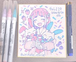 1girl art_tools_in_frame blueberry blush cardigan cropped_torso dated food fruit gen_3_pokemon hair_ornament highres holding holding_pokemon jacket lacey_(pokemon) marker_(medium) minun neckerchief nintendo open_clothes open_jacket pink_cardigan pink_hair plusle pokemon pokemon_(creature) pokemon_sv red_neckerchief remoooon shikishi smile strawberry traditional_media upper_body