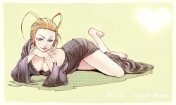 bad_id bad_pixiv_id black_coat_(kingdom_hearts) blonde_hair blue_eyes breasts cleavage green_background kingdom_hearts larxene leg_up no_bra solo tagme