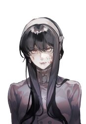 1girl aegyo_sal biting_own_lip black_hair blood blood_on_face buttons chinese_commentary coat commentary_request double-breasted earrings elicooc eyelashes grey_coat hair_between_eyes hairband highres jewelry long_hair long_sidelocks looking_at_viewer red_eyes sidelocks simple_background solo spy_x_family upper_body white_background white_hairband yor_briar