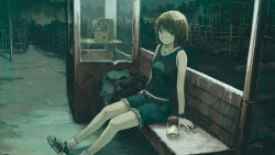 Rule 34 | 1girl, bench, black tank top, brown eyes, brown hair, city, coat, corded phone, dark, denim, denim shorts, expressionless, highres, jar, jewelry, kensight328, looking at viewer, necklace, original, payphone, phone, phone booth, print tank top, shoes, shorts, sitting, socks, solo, tank top, unworn coat, watch, wristwatch