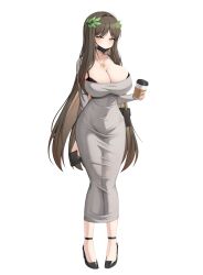 1girl absurdres bag black_bra black_shoes black_survival bra breasts brown_hair cleavage closed_mouth commentary_request covered_navel cup disposable_cup dongtan_dress dress eternal_return:_black_survival full_body green_eyes grey_dress gweon_sua hair_branch handbag high_heels highres holding holding_cup impossible_clothes impossible_dress kisa_(leg3043) korean_commentary large_breasts long_dress long_hair looking_at_viewer mask mask_pull meme_attire mouth_mask revision shoes shoulder_bag simple_background smile solo standing symbol-shaped_pupils taut_clothes taut_dress underwear very_long_hair white_background