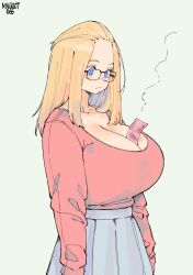 1girl absurdres bangs_pinned_back banknote blonde_hair blue_eyes blue_skirt blush breasts cleavage collarbone glasses hair_pulled_back highres huge_breasts inne_sulistya_robin long_hair money norman_maggot original red_shirt shirt skirt solo tucked_money