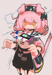 Rule 34 | 1girl, @ @, animal ears, arknights, battery indicator, black bow, black hairband, black skirt, blue bow, blush, bow, braid, breasts, cat ears, cat girl, cat tail, cellphone, charging device, commentary request, cowboy shot, d:, electricity, garter straps, goldenglow (arknights), grey background, grey jacket, hair bow, hairband, hands up, highres, jacket, large breasts, lightning bolt print, long hair, miniskirt, motion lines, multicolored jacket, open clothes, open jacket, open mouth, phone, pink hair, pink jacket, puff of air, shirt, side braid, simple background, skirt, small sweatdrop, smartphone, solo, stiff tail, tail, takenuco, thighhighs, three-quarter sleeves, v-shaped eyebrows, wavy mouth, white shirt, white thighhighs, yellow eyes, zettai ryouiki