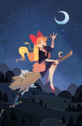 Rule 34 | 1girl, ^ ^, aino minako, ann marcellino, artemis (sailor moon), bag, bishoujo senshi sailor moon, black dress, blonde hair, bow, broom, broom riding, cat, closed eyes, commentary, crescent, crescent moon, crossover, dress, english commentary, full body, hair bow, landscape, long hair, majo no takkyuubin, moon, night, open mouth, red bow, red shoes, scenery, shoes, shoulder bag, sky, smile, solo, star (sky), starry sky, white cat, witch