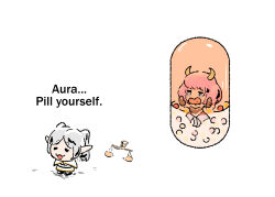 2girls :3 =_= aura_(sousou_no_frieren) balance_scale capelet chibi chibi_only commentary crying demon_girl demon_horns dress duckmeat_woohoo elf english_commentary english_text frieren full_body grey_hair highres horns in_container multiple_girls parted_bangs pill pointy_ears purple_hair simple_background sousou_no_frieren twintails variant_set weighing_scale white_background white_capelet white_dress