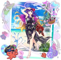 1girl ahoge arm_up armpits beach black_dress blonde_hair bracelet braid breasts dress flower full_body game_cg gradient_hair hair_flower hair_ornament hairband high_heels highres hijiri_byakuren hijiri_byakuren_(yao_bikuni_unleashed) jewelry large_breasts long_hair looking_at_viewer multicolored_hair necklace official_art power_fist purple_eyes purple_hair red_flower red_rose rose rotte_(1109) single_braid smile solo third-party_source touhou touhou_lostword two-tone_hair very_long_hair water_gun yellow_eyes