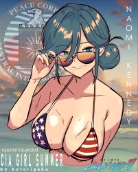 absurdres american_flag american_flag_bikini american_flag_print aviator_glasses beach bikini blue_eyes blue_hair breasts central_intelligence_agency cia_peace_corps evil_smile flag_print flag_print_bikini hair_bun highres kotorigaka large_breasts naomi_bluebird print_bikini smile sunset sweat swimsuit we_love_cold_war