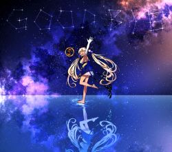 1girl absurdres blonde_hair constellation dark-skinned_female dark_skin ddolbang elbow_gloves galaxy gloves hair_ornament highres hololive hololive_english limiter_(tsukumo_sana) long_hair looking_at_viewer multicolored_hair multiple_girls open_mouth planet_hair_ornament reflection smile space tsukumo_sana tsukumo_sana_(1st_costume) twintails very_long_hair virtual_youtuber white_hair yatagarasu_(tsukumo_sana) yellow_eyes